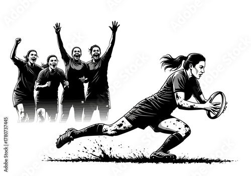 Female rugby player running with the ball as teammates cheer in the background
