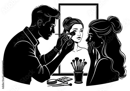 Male makeup artist applying cosmetics on female model's face, illustration of beauty treatment in progress