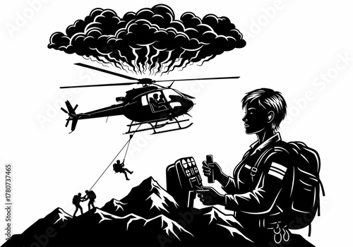 Rescue operation underway in mountainous terrain with helicopter and personnel