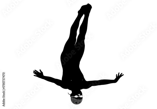 A woman performing an acrobatic handstand with outstretched arms and legs in a silhouette illustration