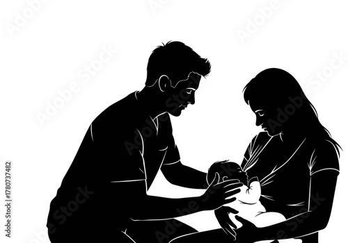 Couple tenderly holding newborn baby in a loving family moment illustration