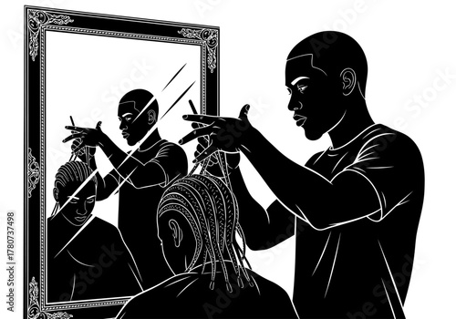 Man styling hair in front of mirror, reflection showing scissors cutting locks