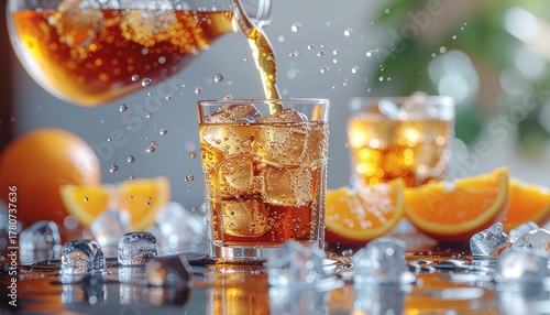 Iced tea is poured into a glass filled with ice, captured mid-pour with a splash of droplets and surrounded by scattered ice and orange slices.