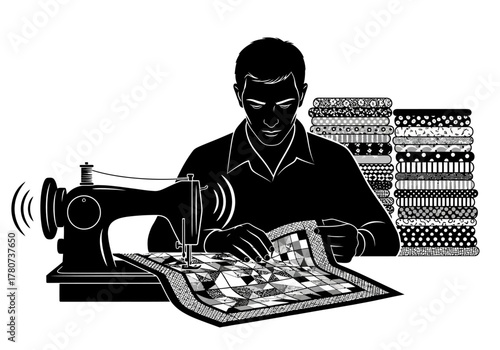 Man operating sewing machine with fabric in a textile workshop environment