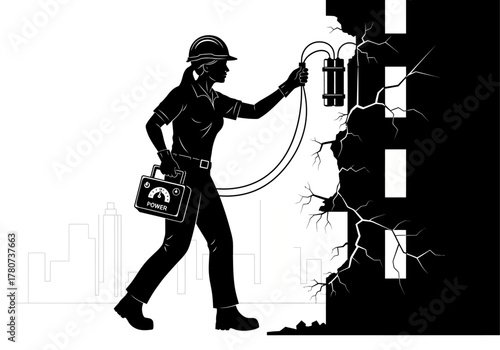 Female electrician inspecting damaged wall outlet with cracked wall in urban background