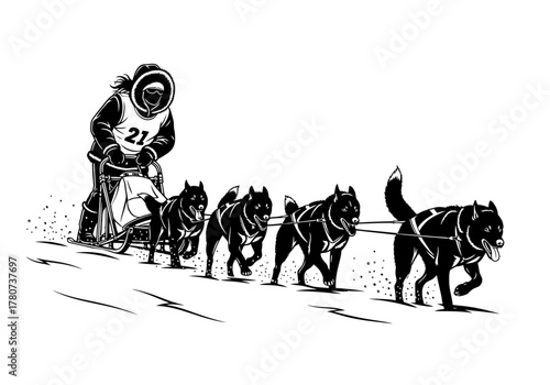 A person guiding four dogs on a leash in a simple illustration from a side viewpoint