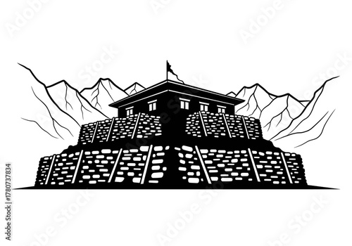 Illustration of a building on a brick terrace against a mountainous landscape