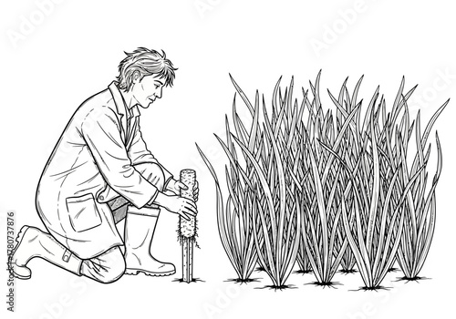 A scientist kneeling outdoors examines plants using a device near tall grass