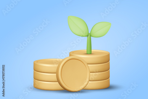 3D illustration vector render icon of stack of coins with sprout on top. Growth concept, green finance, sustainable investment, increasing returns. For economic data, business development plan, fund.