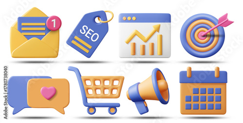 3D illustration vector render of marketing and digital media icons set. Mailing symbols, SEO tags, results graph analysis, social message target, shopping cart, megaphone, calendar planner, isolated 