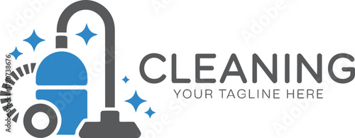 Modern blue vacuum cleaner icon with sparkling stars and cleaning service text