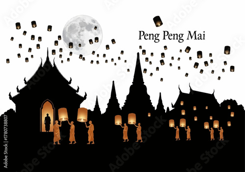 Scenic Silhouette of a Lantern Festival with Monks and Temples Under a Full Moon