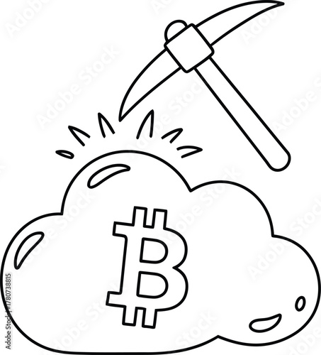 Digital cloud mining concept with bitcoin symbol and pickaxe illustration