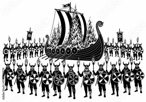 Viking Warriors and Burning Ship A Symbolic Illustration of Norse Culture and History