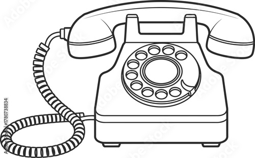 Vintage rotary dial telephone illustration in black and white line art style