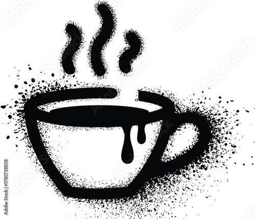 Black spray paint graffiti style coffee cup with steam and dripping liquid