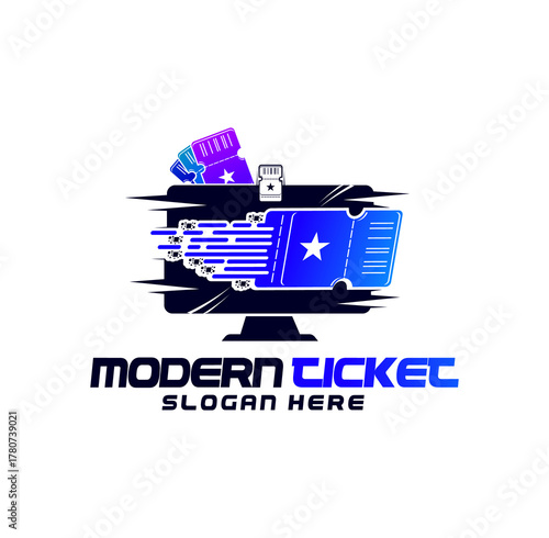 Set of modern ticket logo design template vector. Digital screen tickets with star icons and speed lines. Perfect for ticketing services, event, cinema & online booking, computer monitor icon.