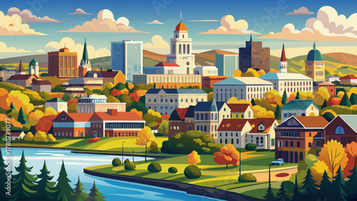 Very beautiful view of Augusta, Maine, USA, featuring the downtown skyline, riverside scenery, historic architecture, and calm natural surroundings in a realistic and peaceful landscape.