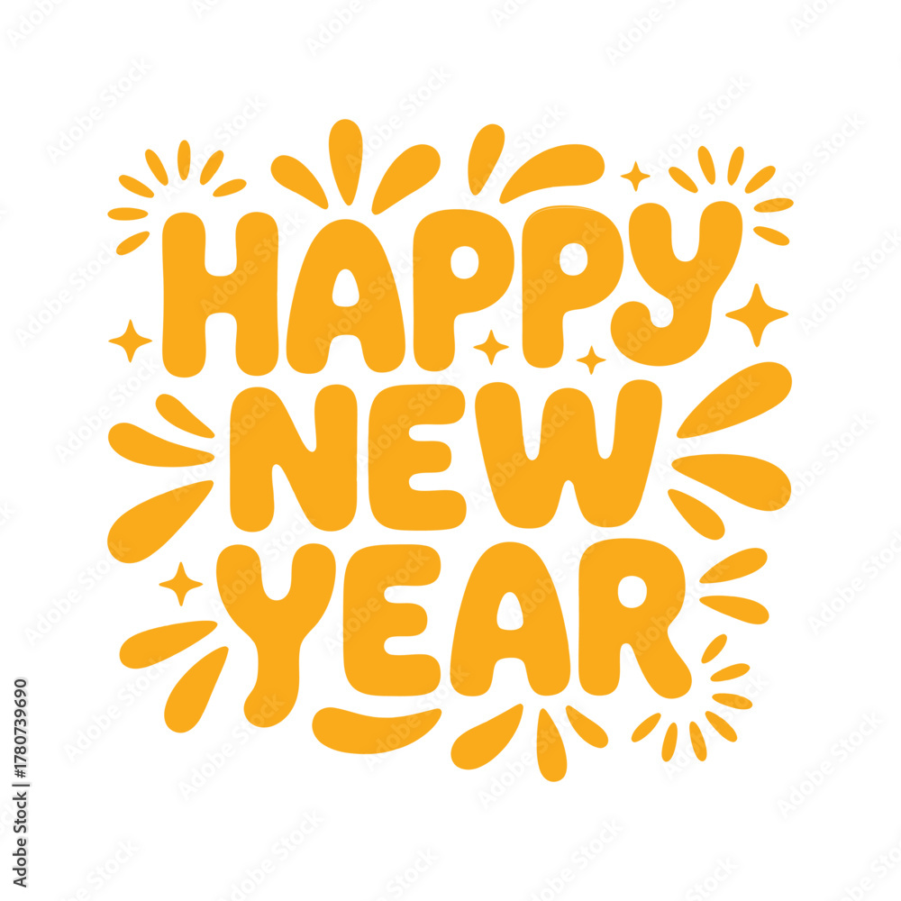 Obraz premium Cheerful happy new year lettering in yellow color, perfect for greeting cards, banners, posters, and social media posts to celebrate the upcoming year