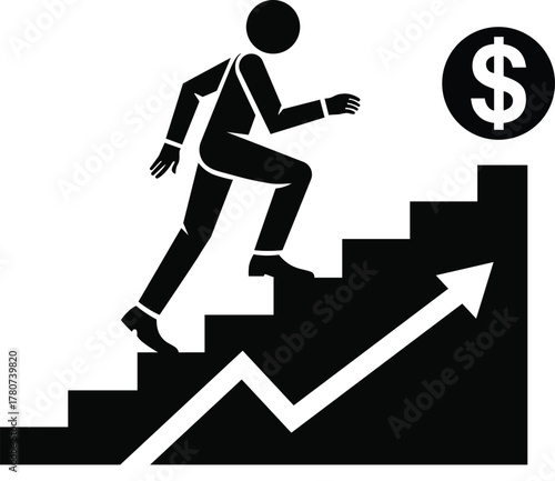 Businessman climbs a staircase representing a growth chart towards a dollar sign symbolizing financial success and career ambition silhouette vector