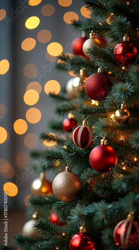 Decorated Christmas tree with red and gold ornaments and warm lights creating a festive atmosphere
