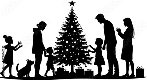 Family Christmas Tree Celebration Silhouette