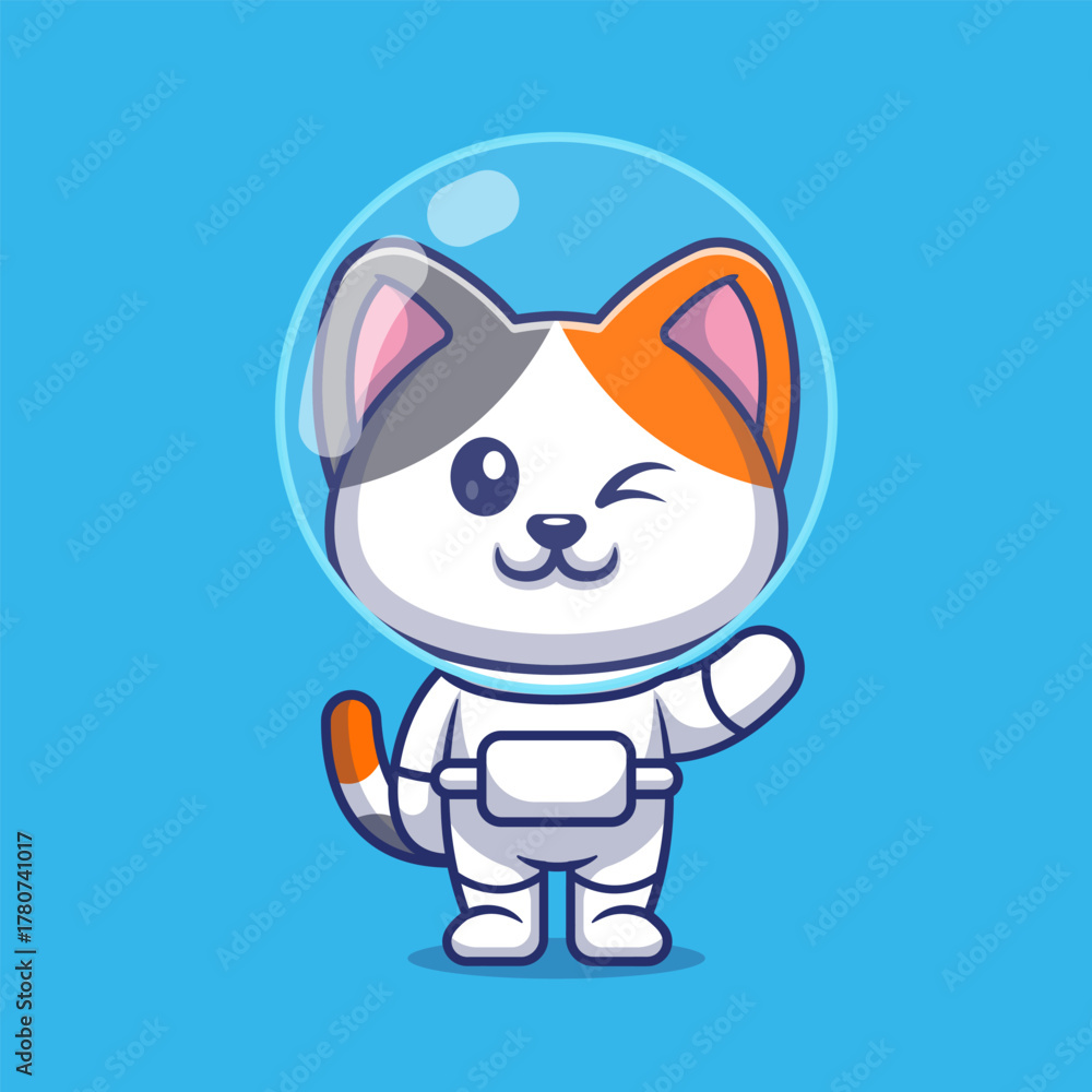 Obraz premium Cute Cat Astronaut Waving Hand Cartoon 