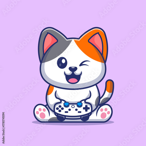 Cute Cat Gaming With Controller Cartoon 