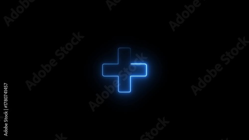 Glowing blue neon plus sign symbol animated with line drawing effect. Medical. Help. Positive. User interface element. 4K abstract motion graphic.