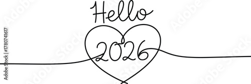 Hello 2026 in continuous line drawing with heart shape, symbolizing new year, love, and connection for greeting cards and invitations