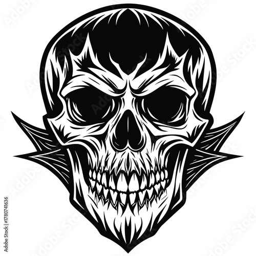 Intricate black and white gothic skull illustration with ornate details and dark aesthetic