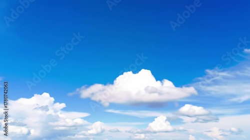 Mesmerizing high-angle time-lapse video of bright white cumulus clouds gracefully drifting across a vibrant azure blue sky, bathed in sun-drenched natural light. Ethereal passage of time concept