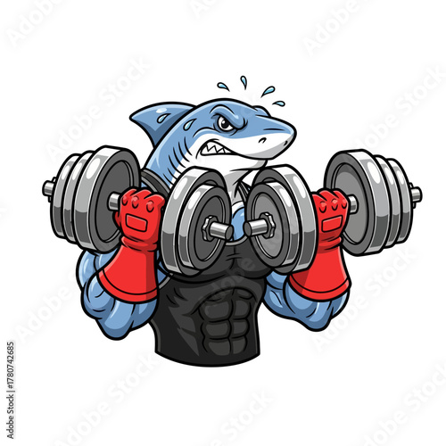 Cartoon shark weightlifting with determination and sweat for fitness motivation, showing strength and a powerful physique, perfect for gym and sports themes