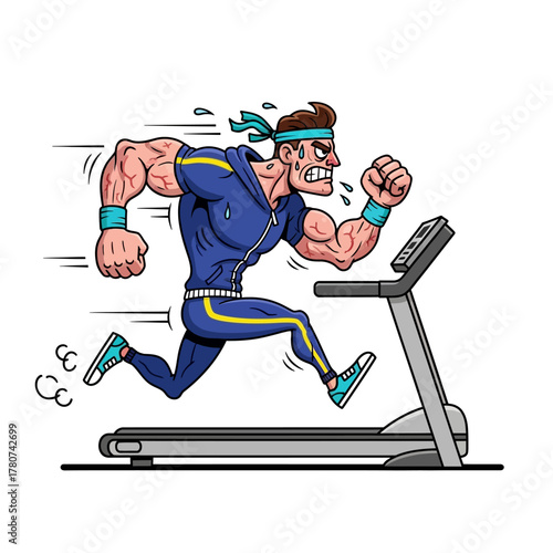 Intense workout illustration of muscular man running on a treadmill looking determined and sweaty pursuing fitness goals with a modern treadmill design