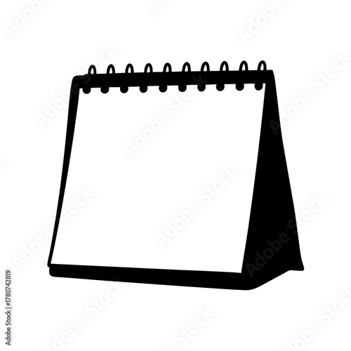 A simple black and white illustration of a blank desk calendar with a spiral binding, isolated on a, representing planning, scheduling, or a blank slate for notes and appointments