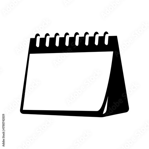 A simple black and white illustration of a blank desk calendar with a spiral binding, isolated on a