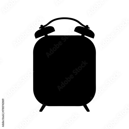 Black silhouette of an alarm clock with two bells on top, isolated on a, representing time and punctuality