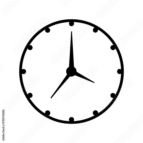 A simple black and white analog clock face with hour and minute hands, isolated on a, representing time and punctuality