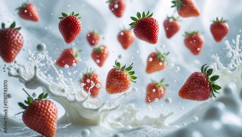 A large number of strawberries falling into milk.