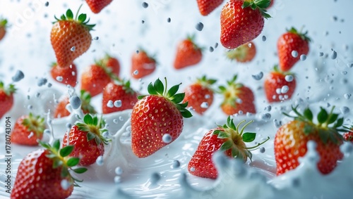 A large number of strawberries falling into milk.