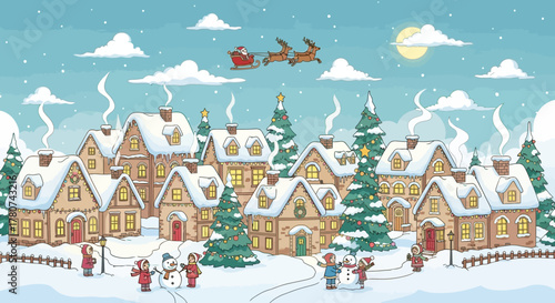 Charming Christmas village with Santa soaring overhead and children building a snowman creates a heartwarming holiday feeling for greetings and promotions