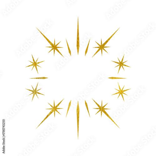 Golden starburst icon set with sparkling rays and decorative twinkles, doodle star bursts with yellow shine flash symbol. For festive design, magical elements and Christmas vector illustration.
