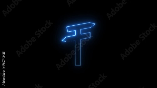 Glowing blue neon direction signpost animation with bright luminous lines. Path finding concept. Future journey indicator. 4K navigation motion graphics.