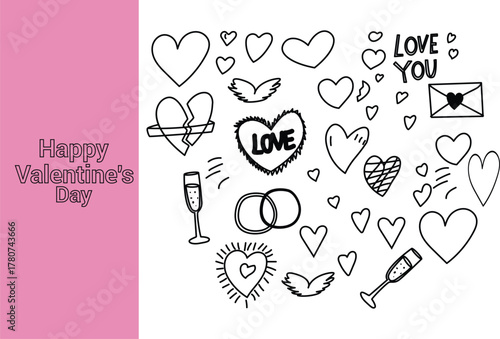 Valentine's Day greeting with a collection of hand-drawn love-themed doodles including hearts, rings, wings vector representing love and romance for Valentine's Day