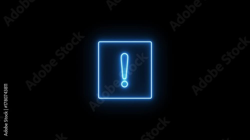 Glowing blue neon exclamation mark in square animation. Warning. Alert. Error message. 4K digital animation.