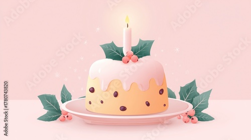 Christmas Pudding Illustration with Candle and Holly Berries, Pink Background Wallpaper Poster Banner Design Element for Festive Celebrations and Holiday Projects, Cute Festive Dessert Art