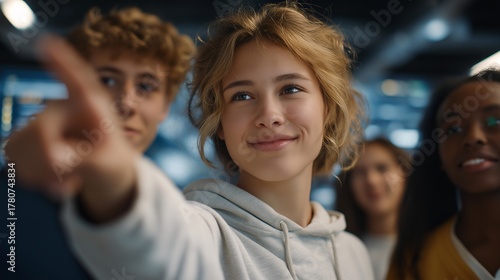 Wide shot of diverse students exploring a virtual campus and selecting projects via augmented reality dashboard, symbolizing modern education, personalized learning, and tech-driven academic