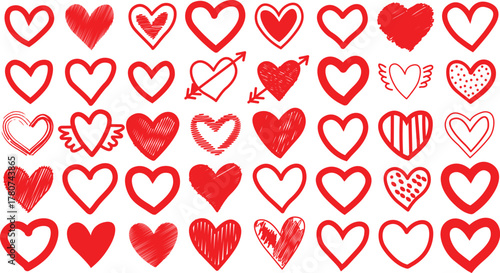 Hand drawn red heart vector symbol design in various doodle styles including scribbled outlined and patterned designs isolated on a white background representing love and romance for Valentine's Day