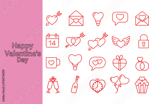 A Happy Valentine's Day greeting featuring a set of red line symbol vector design representing love and romance including hearts, gifts, balloons