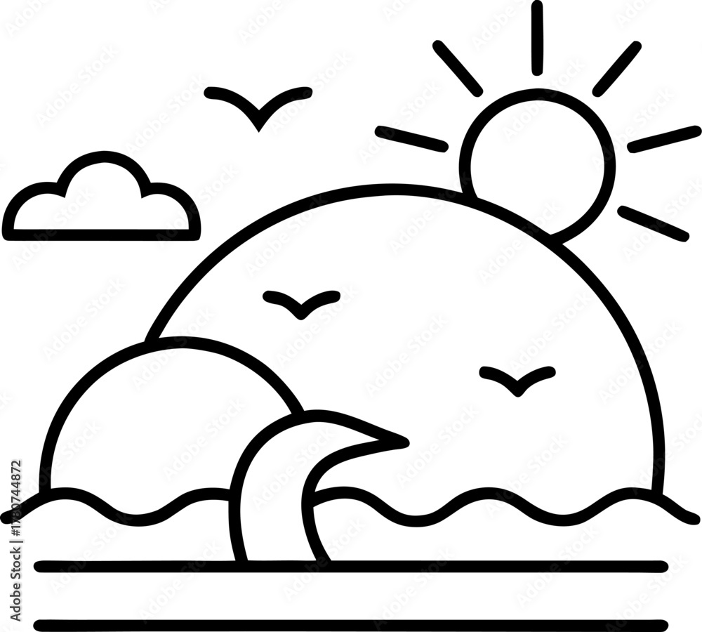 Fototapeta premium Sun and seagulls outline icon vector on white background 